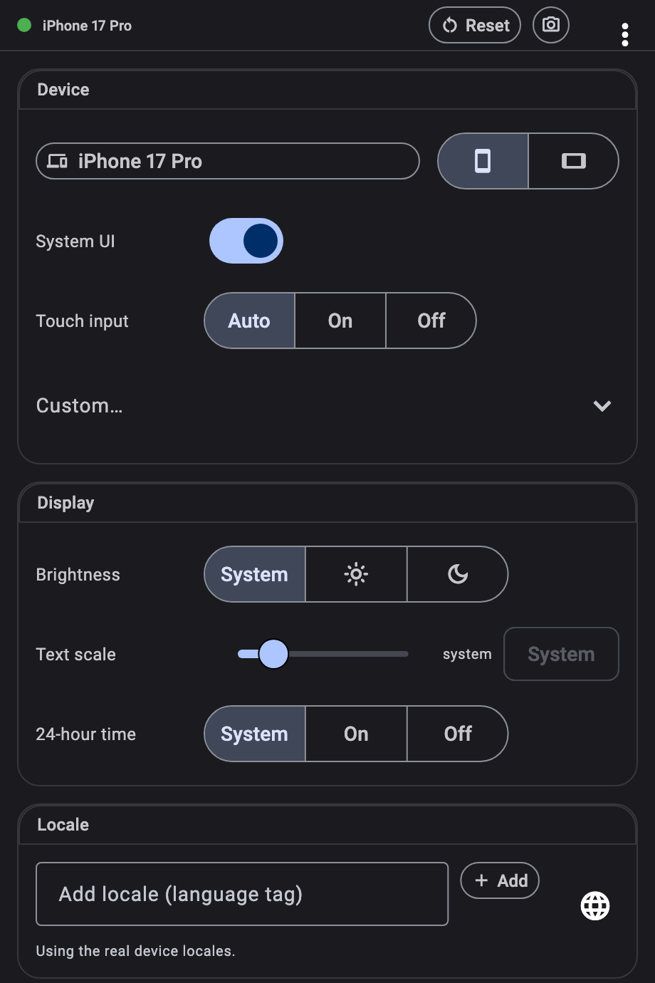 The device_preview DevTools panel, dark themed, with an iPhone 17 Pro applied: a Device section with orientation, system UI and touch input controls, a Display section with brightness, text scale and 24-hour time, a Locale list, seven tri-state Accessibility flags, and a target Platform picker.