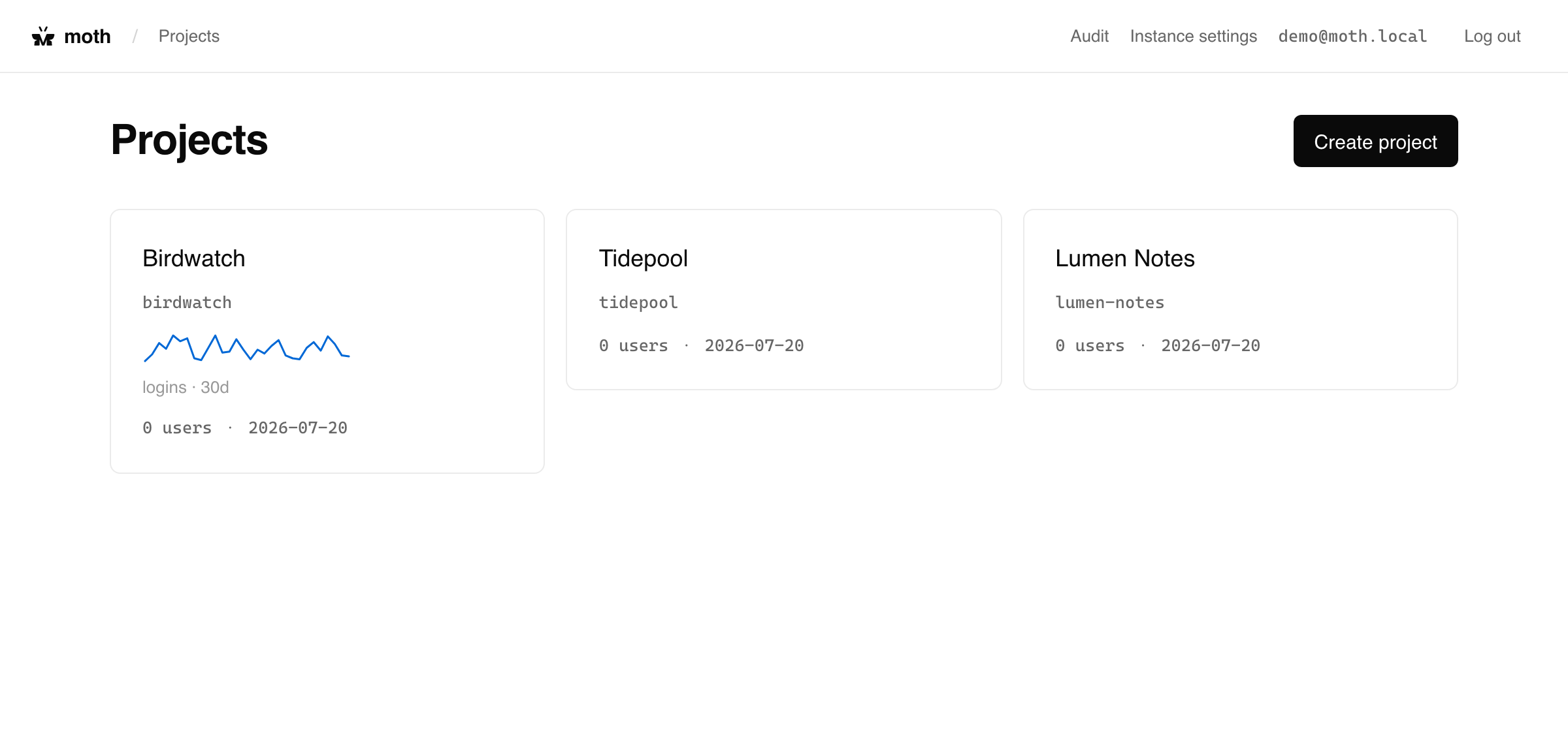 The moth admin console projects list showing several independent apps side by side, each with its own branding.