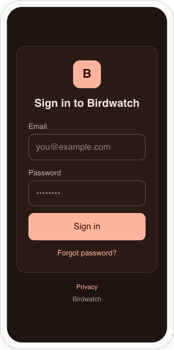 A project-themed login screen rendered by the Flutter SDK in dark mode.